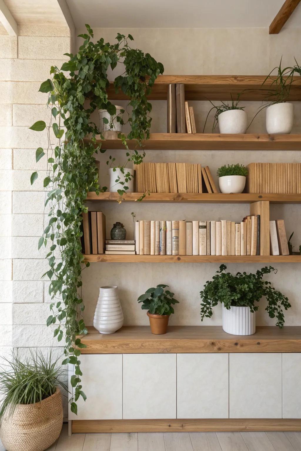 Breathe life into your library wall with the natural beauty of plants, creating a harmonious balance between books and greenery.