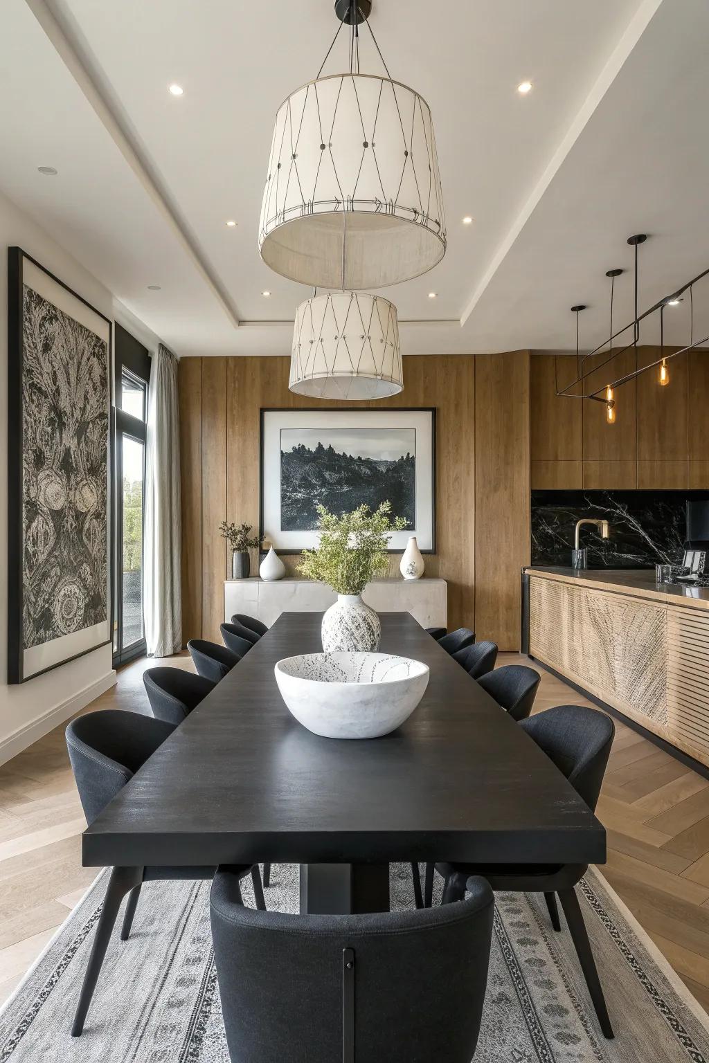 Bold contrasts create dramatic and stunning dining room aesthetics.