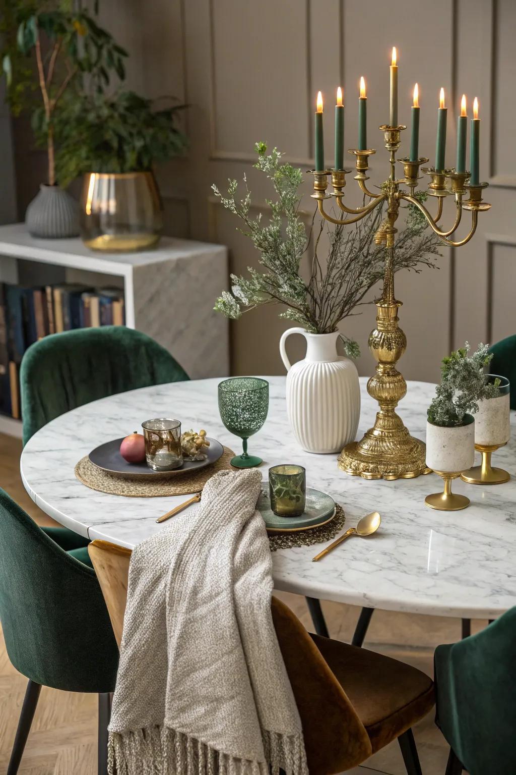 Create a curated look with an eclectic mix of decor styles on your marble table.