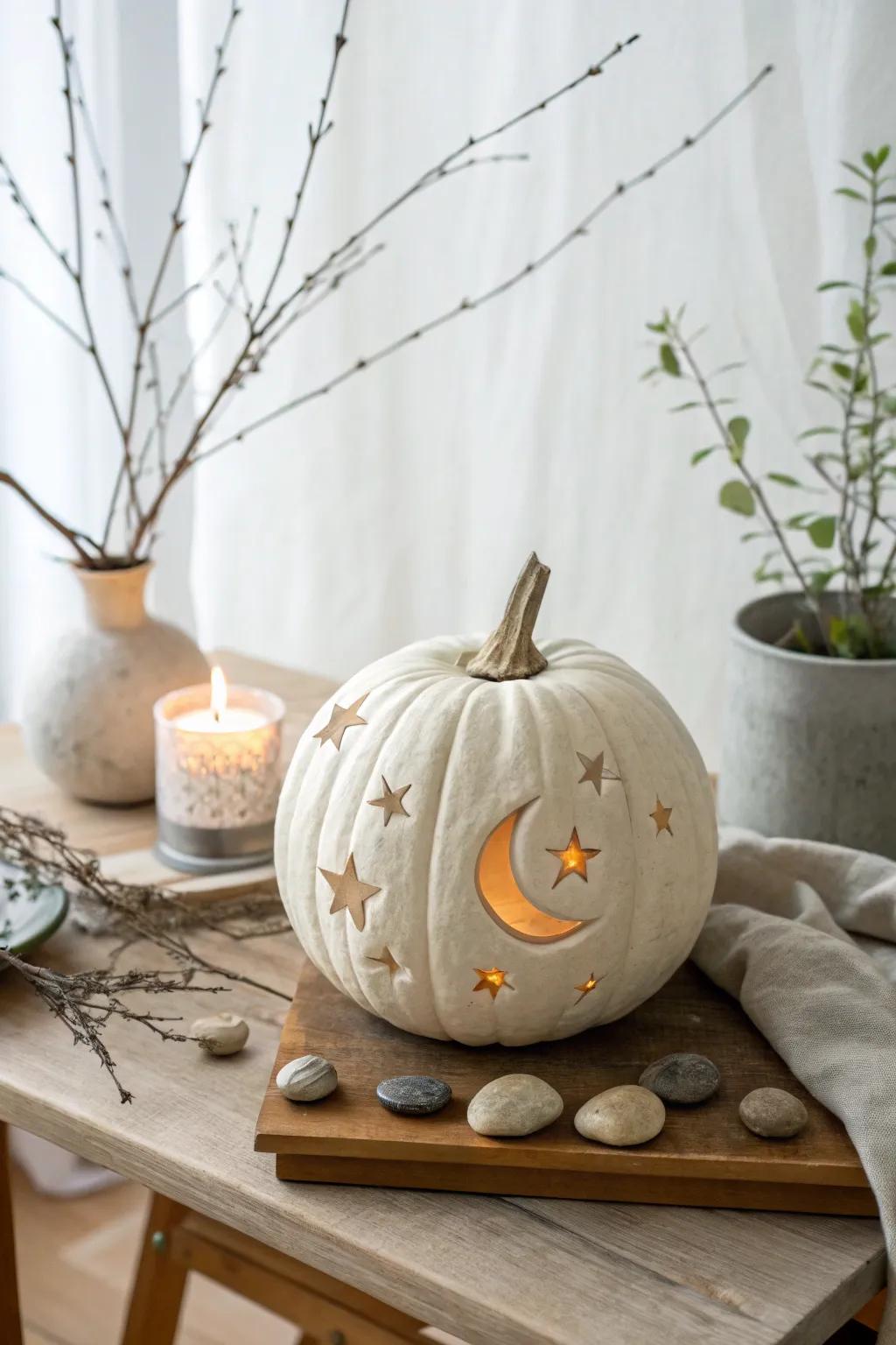 Celebrate the moon's beauty with a pumpkin carved into a stunning lunar landscape.