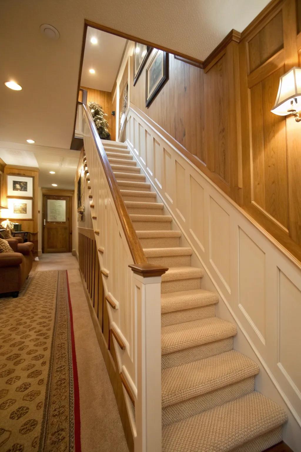 Wainscoting enhances staircases with texture and timeless charm.