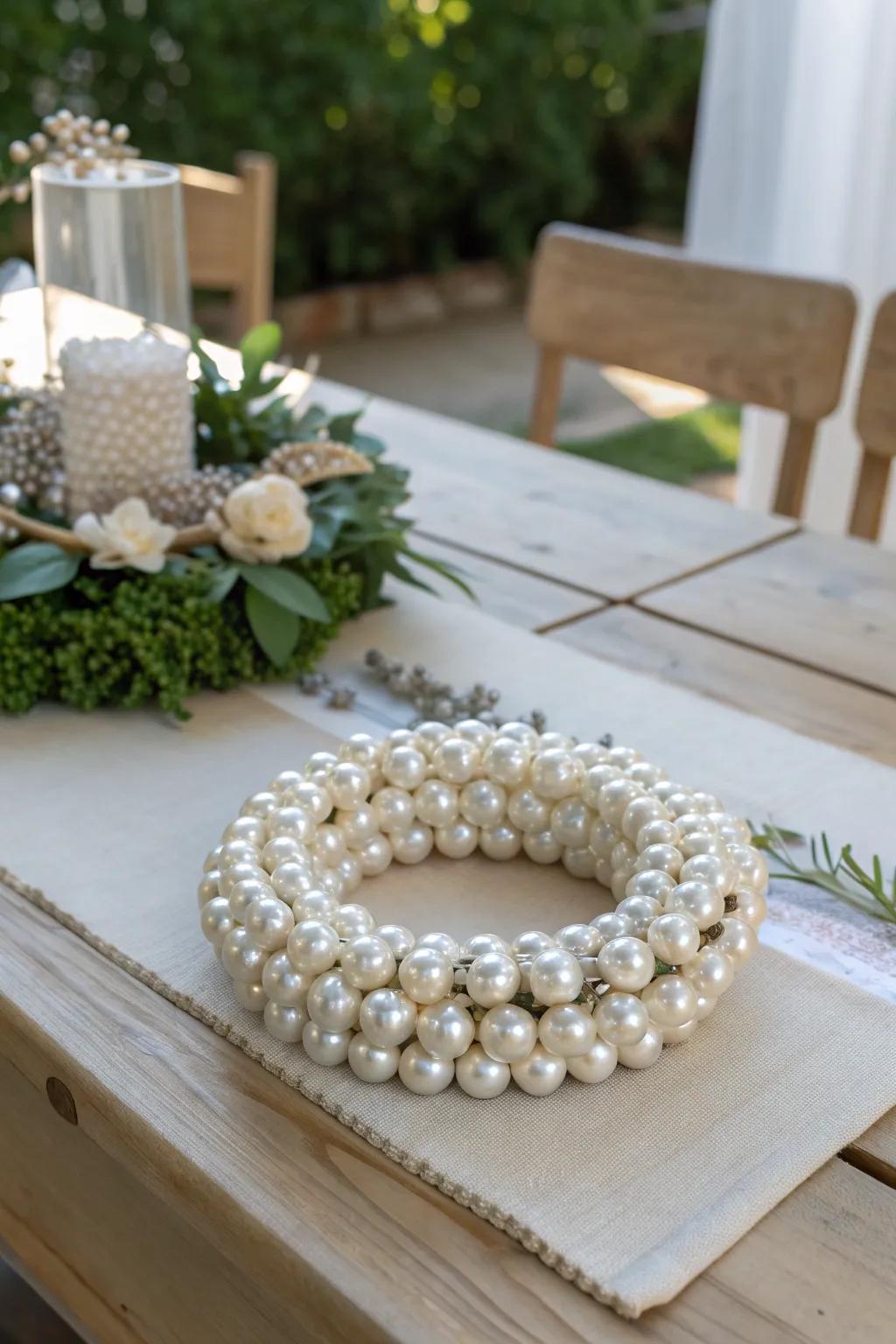 Embrace the timeless appeal of a pearl wreath for a year-round centerpiece.