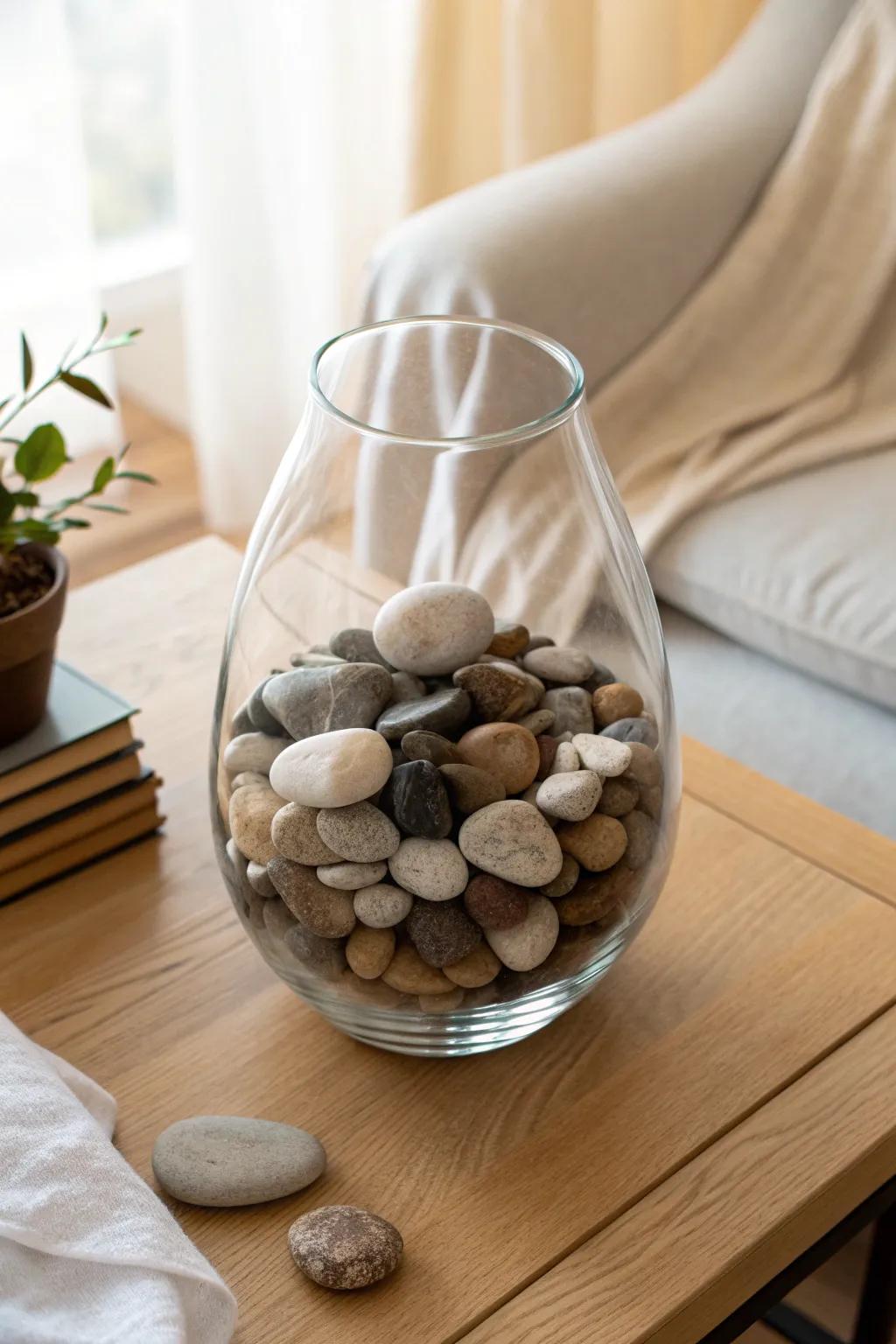 Simple and elegant, river pebbles provide a stable base for tall arrangements.
