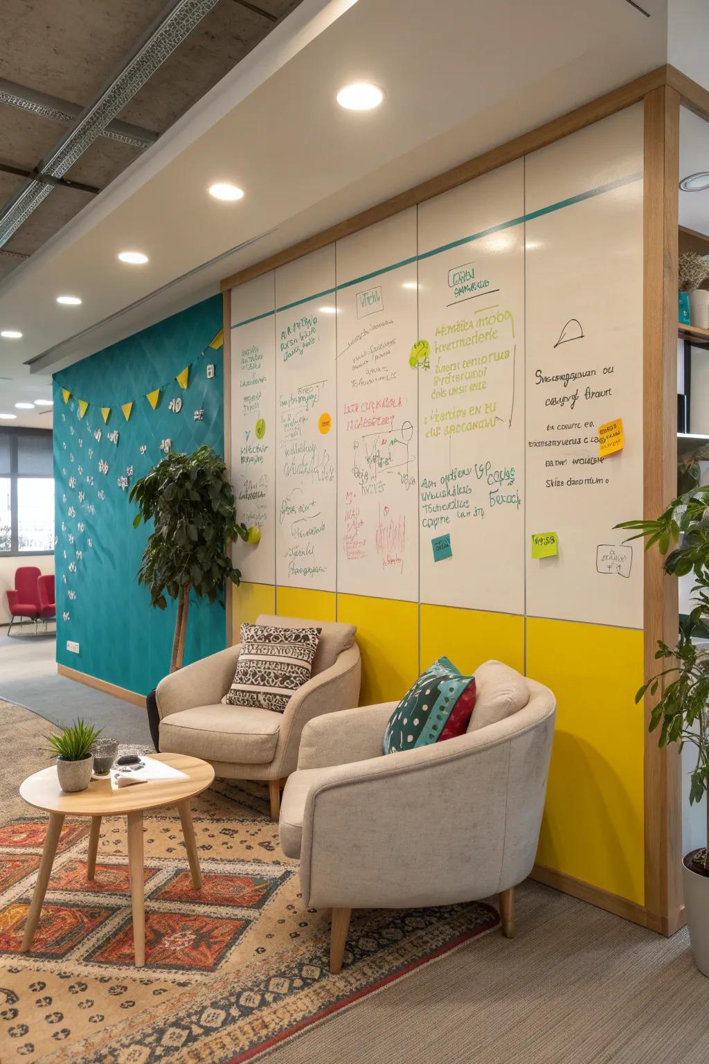 Boost creativity with interactive elements like writable walls for brainstorming 🖊️ #InteractiveDesign #CreativeSpaces