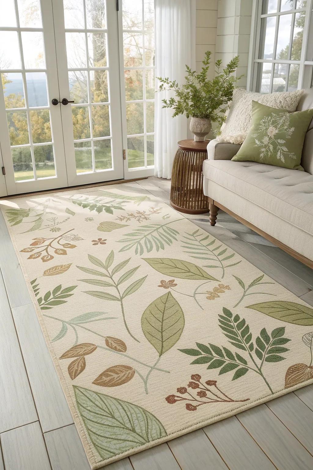Nature-inspired rug designs bring the outdoors inside, perfectly complementing your sunroom's setting.