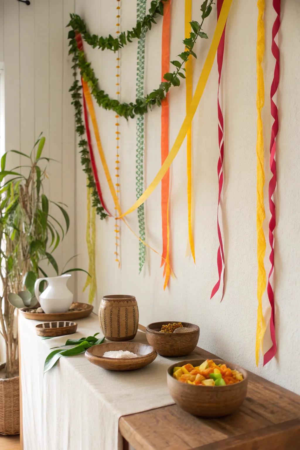 Transform your space with a vibrant streamer wall for an instant festive flair.