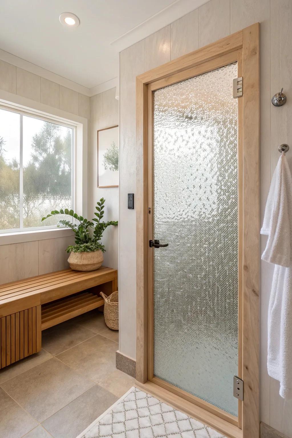 Textured glass adds depth and privacy to your shower. 🌺 #PatternedGlass #HomeDecor