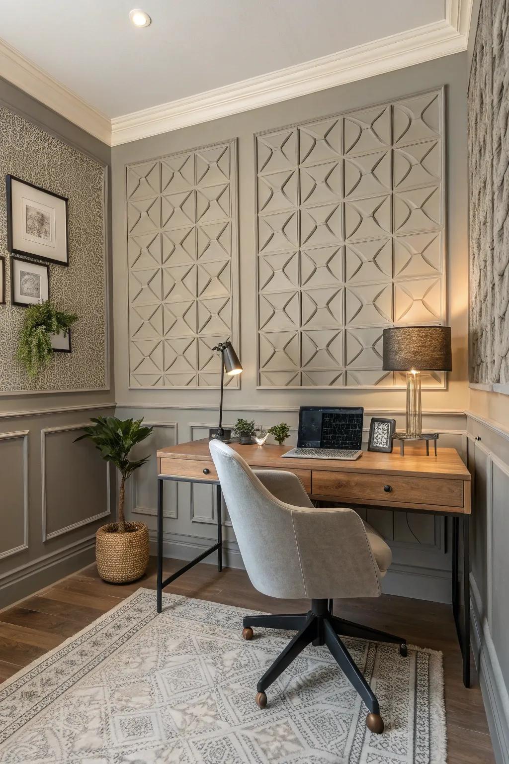 Add a modern twist with geometric wainscoting patterns. 🔶 #ModernDesign #GeometricPatterns