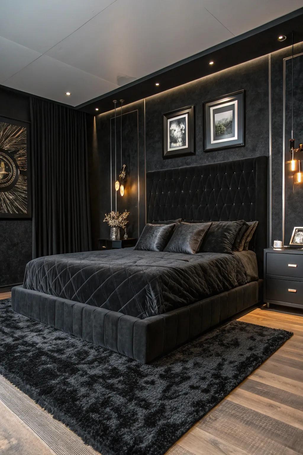 Diverse textures turn your black bedroom into a dynamic and visually rich sanctuary.