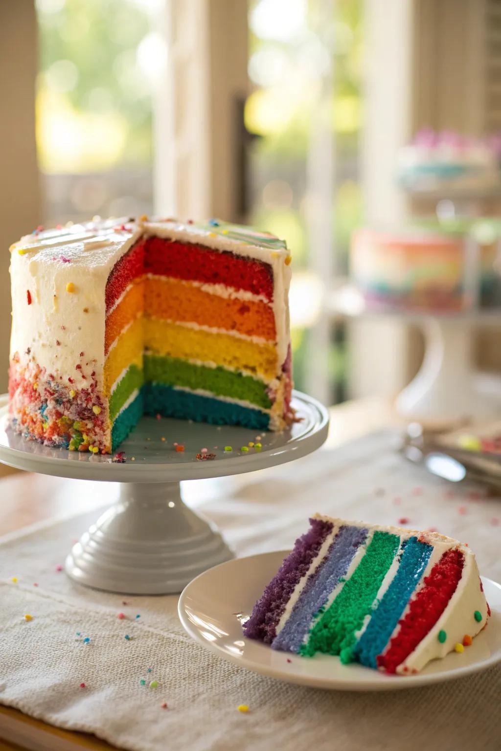 A rainbow layer cake with sprinkles is the ultimate showstopper for a joyful celebration.