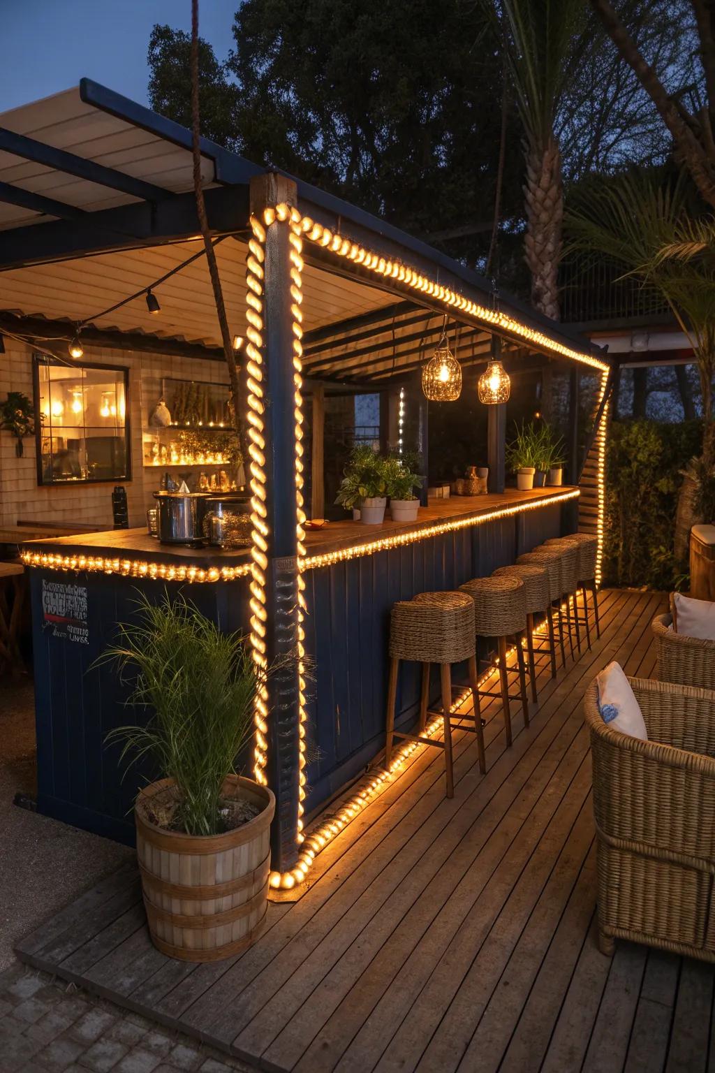 Rope lights create a welcoming ambiance for outdoor bar settings.