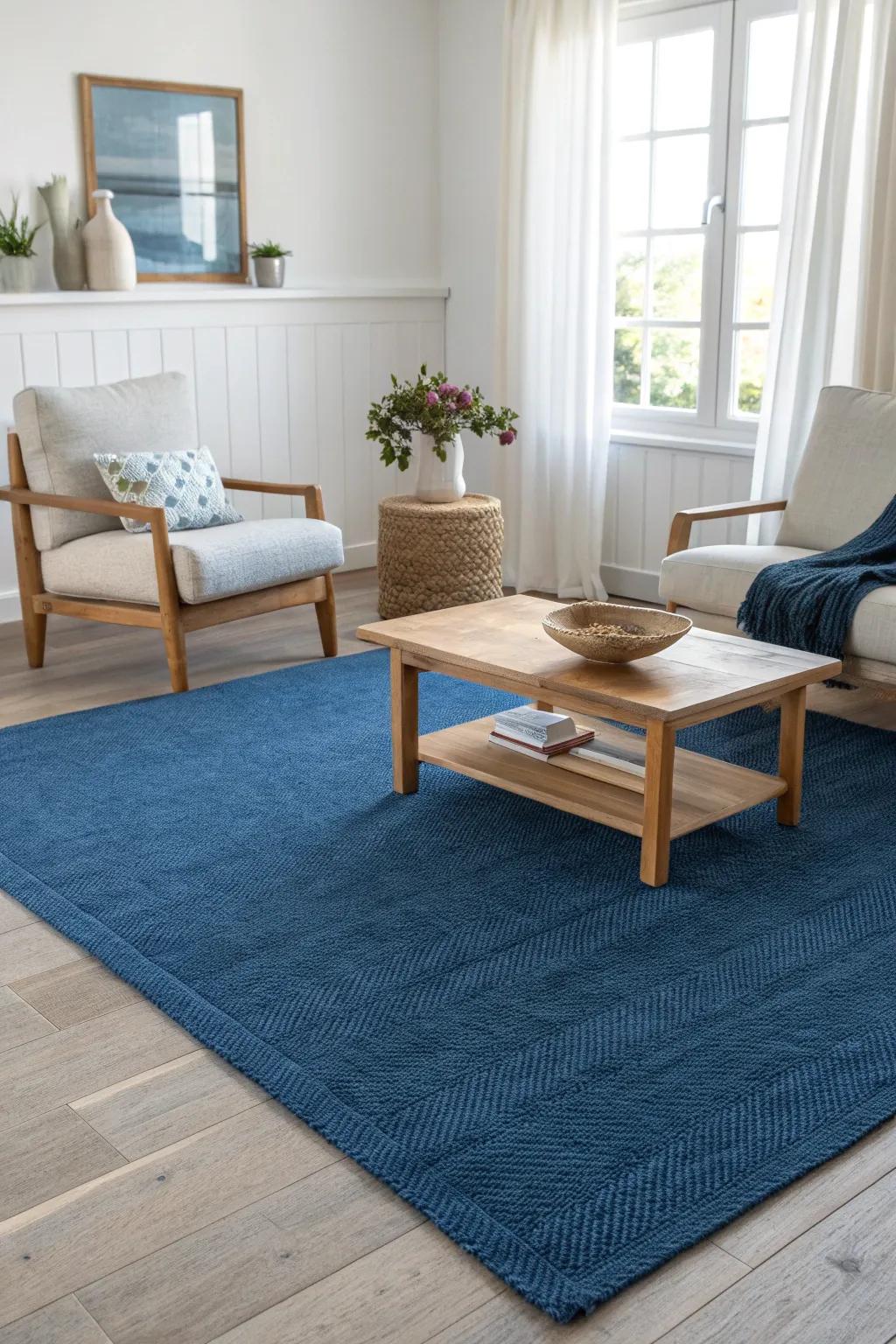 Achieve balance and harmony with a blue rug that anchors your furniture arrangement.