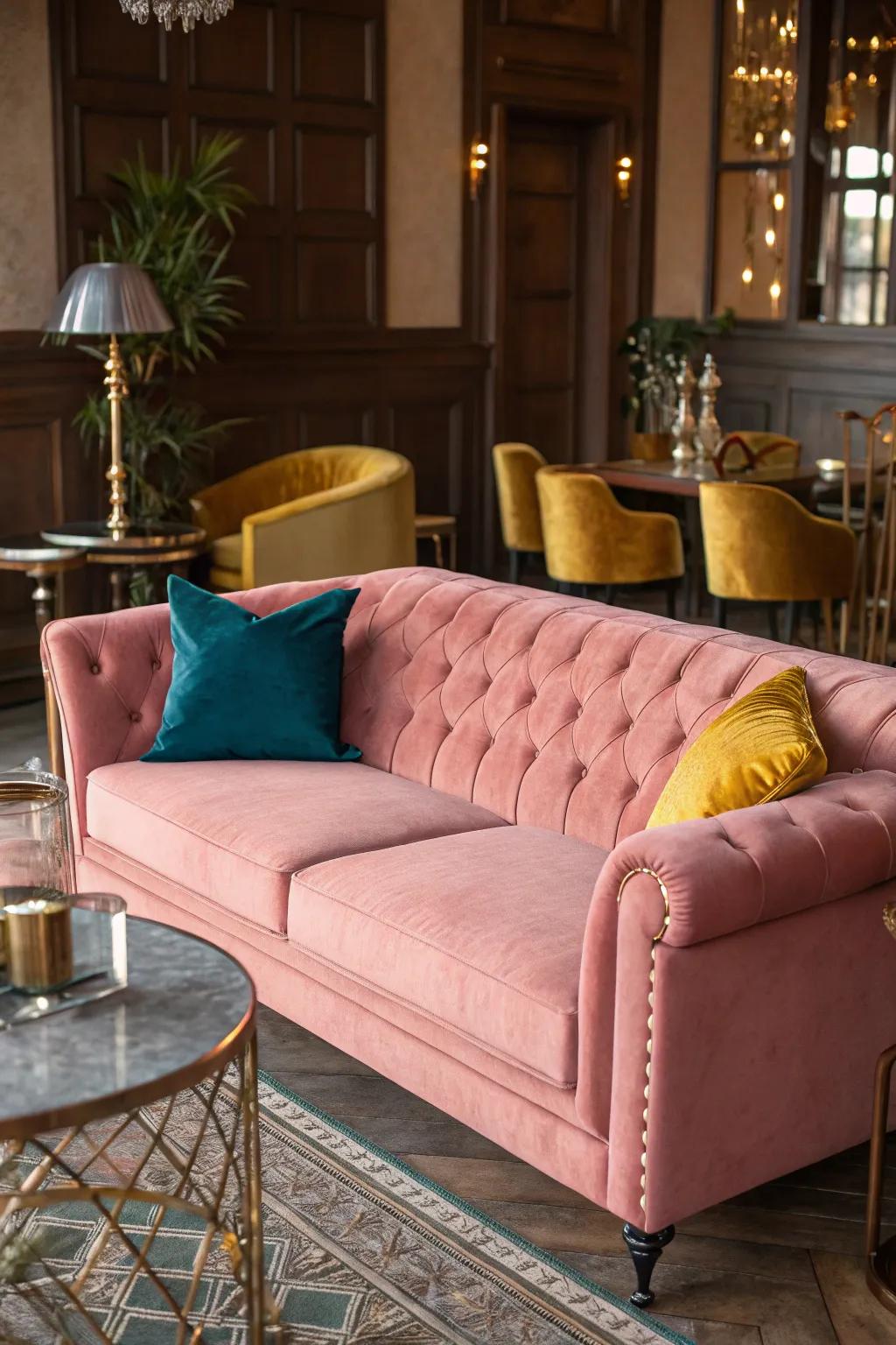 Embrace timeless elegance with a blush couch in a classic setting.