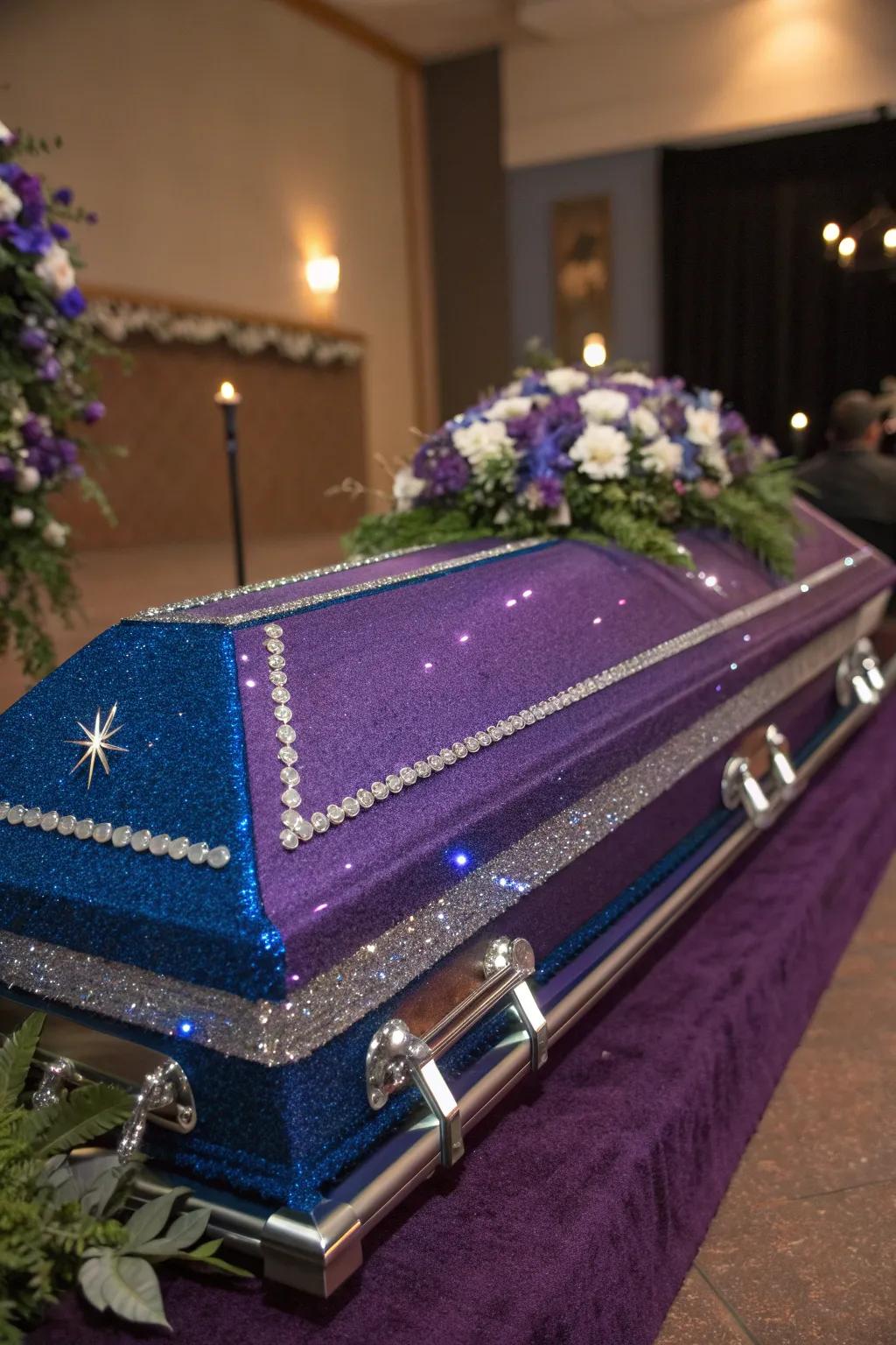 A touch of glitter adds sparkle and joy, celebrating a vibrant life. #SparklingFarewell #JoyfulTribute