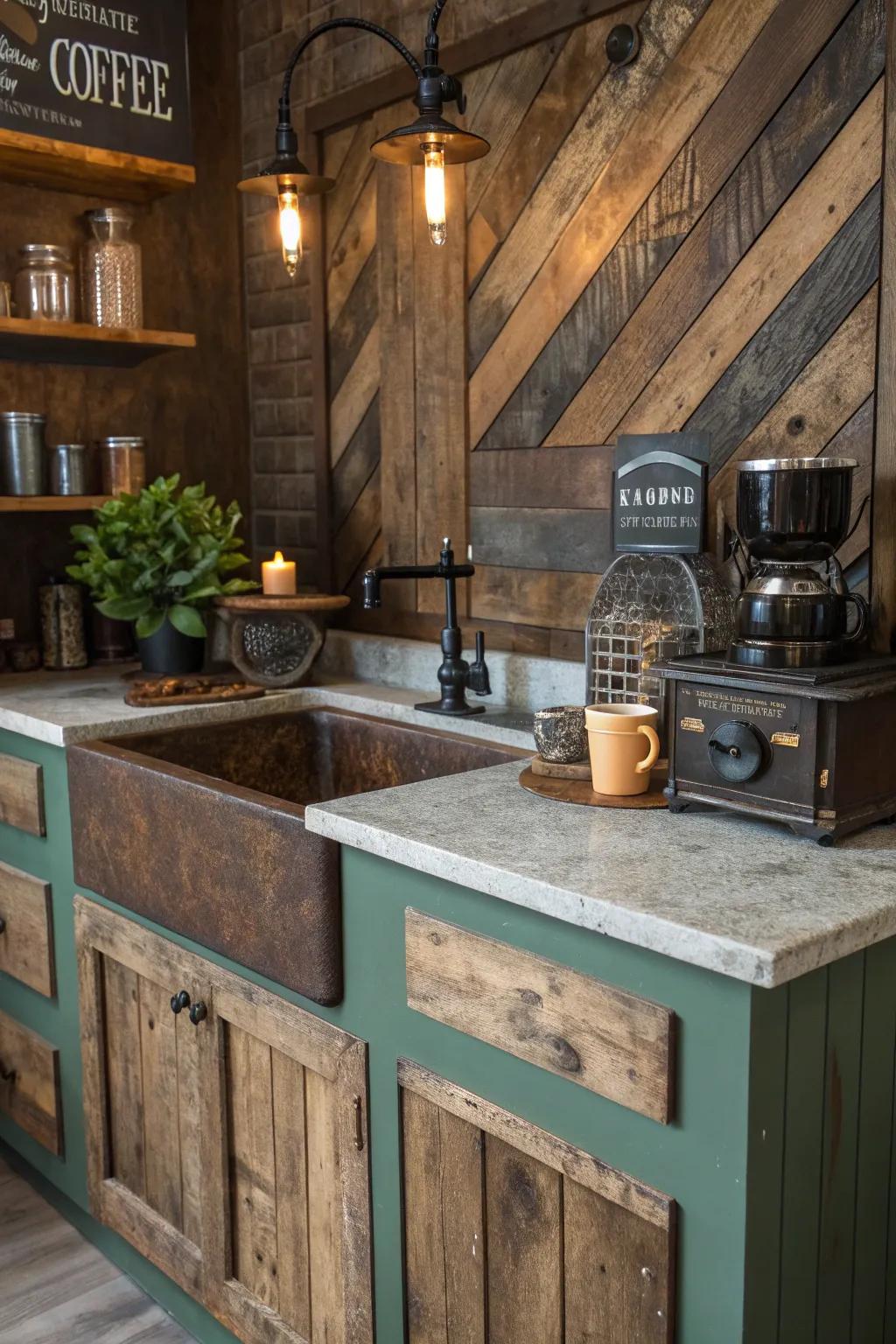 Transform your kitchen into a rustic retreat with a coffee bar that exudes countryside charm.