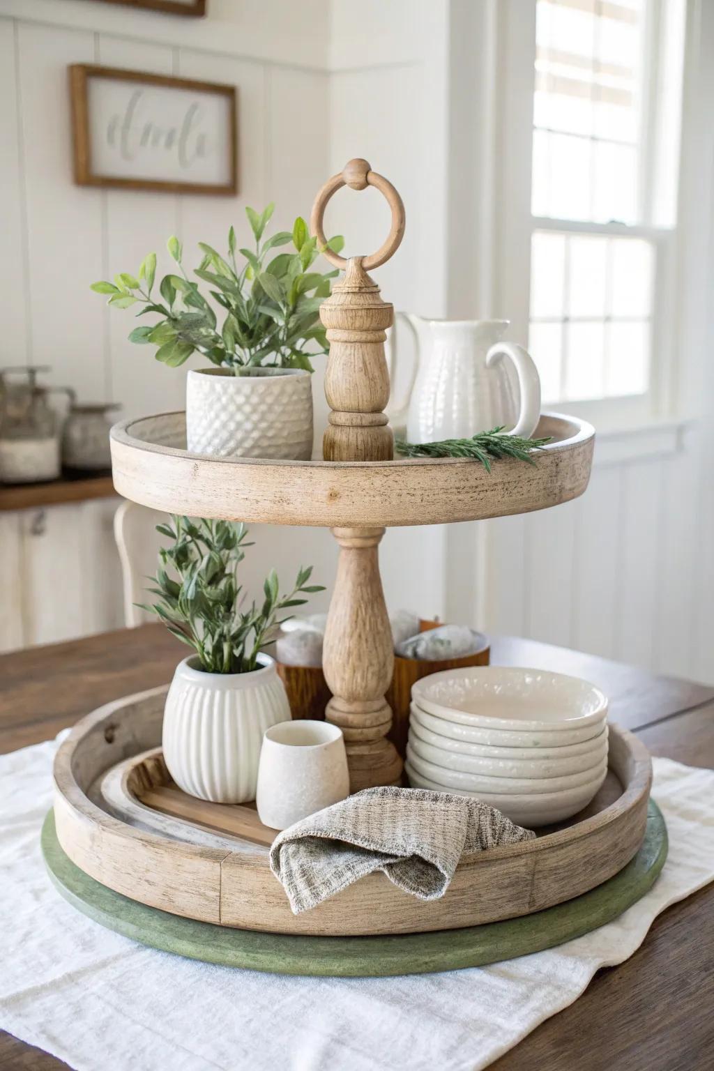Achieve serene elegance with a minimalist approach to your farmhouse tiered tray.
