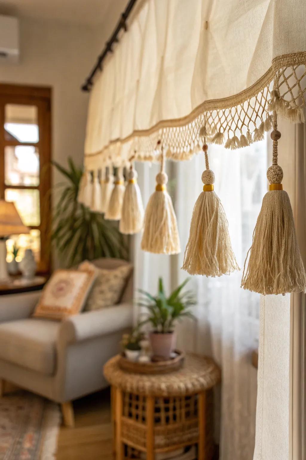 Tassels add a playful texture, infusing bohemian flair into farmhouse window treatments.