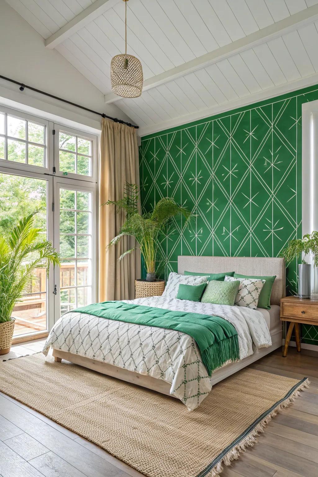 Unexpected patterns add personality and charm to your green bedroom. 🌿 #PatternPlay #BedroomStyle #GreenDesign