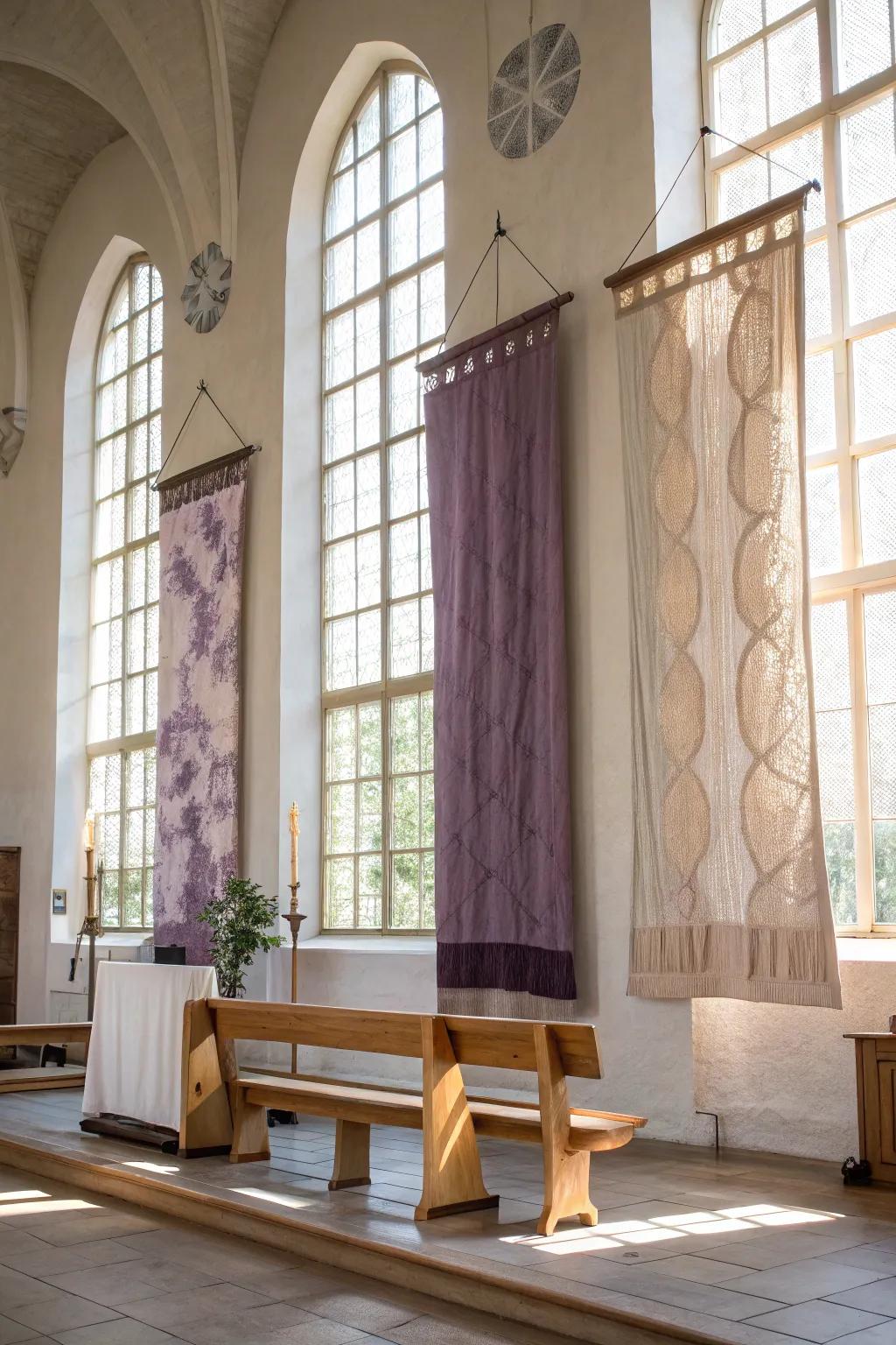 Textured wall hangings in subtle colors create depth and interest in church decor.