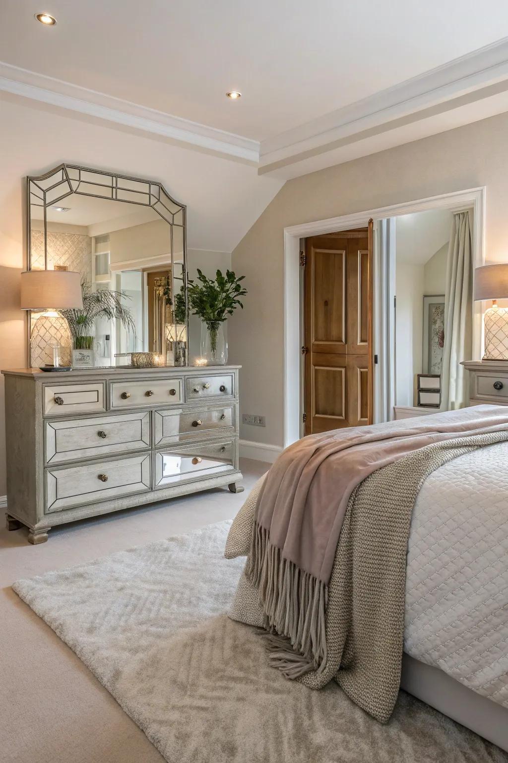 Mirrored furniture makes compact spaces feel larger and more open, enhancing comfort.