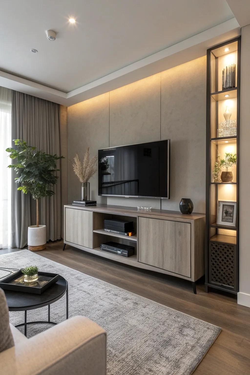 A hidden TV cabinet maintains a sleek, uncluttered room aesthetic.
