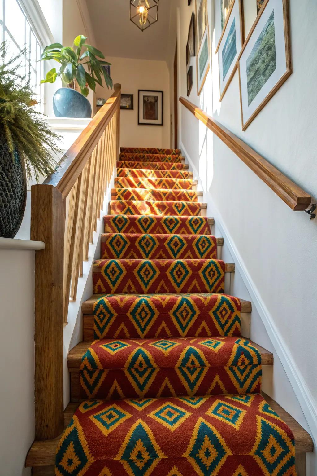 Carpet runners add warmth and visual length to narrow staircases.