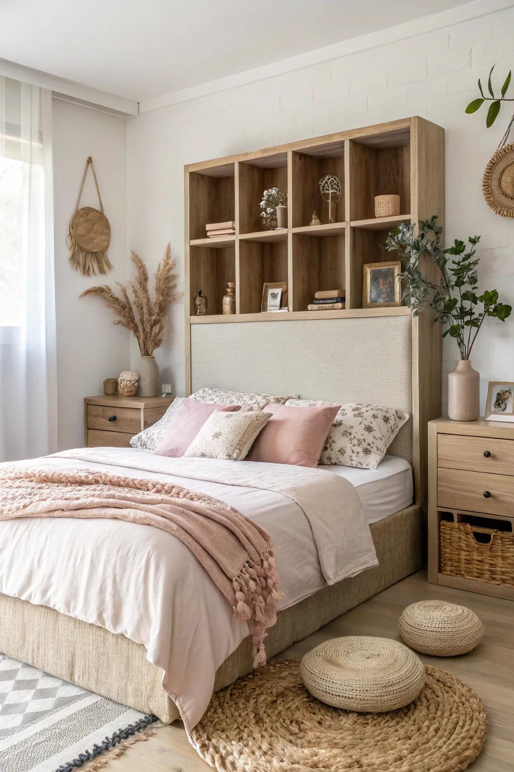 A headboard with storage keeps essentials within easy reach.