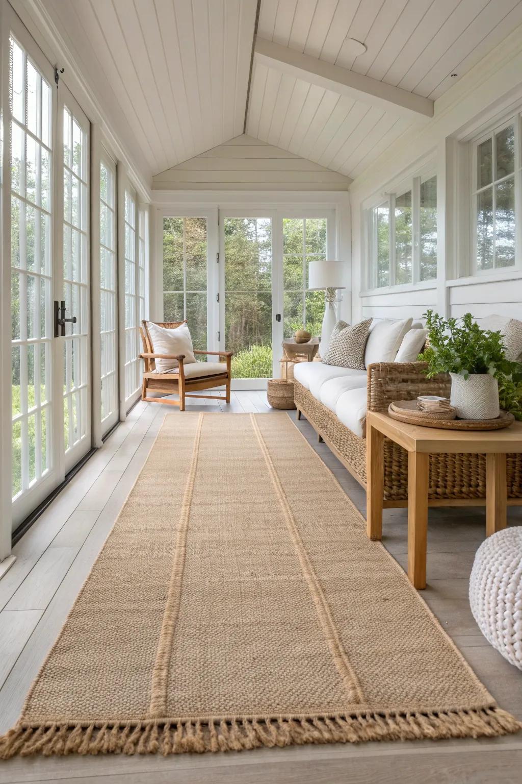 Seamlessly connect your sunroom to adjacent spaces with coordinating rugs that unify your home's decor.