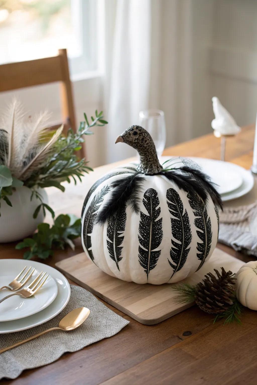 Achieve a chic aesthetic with a black and white pumpkin turkey.