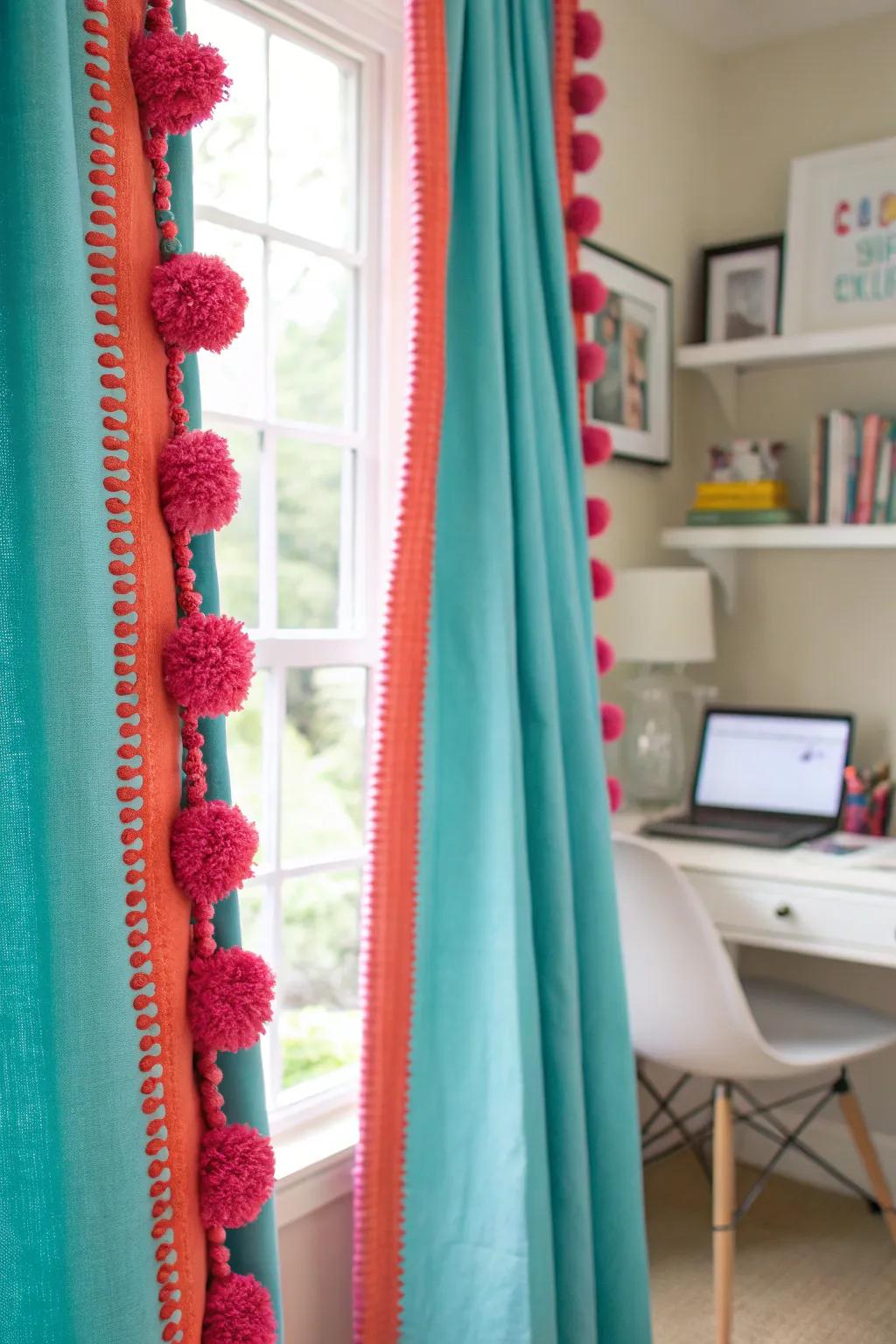 Brighten up your space with whimsical pom-pom trimmed curtains, perfect for adding fun.