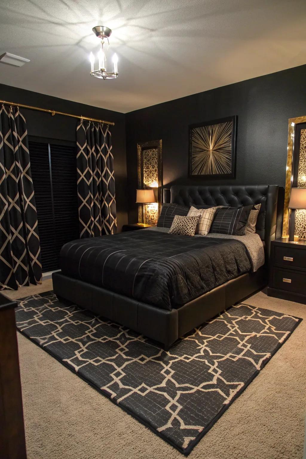 Graphic patterns add a dash of modern flair and movement to your all-black bedroom.