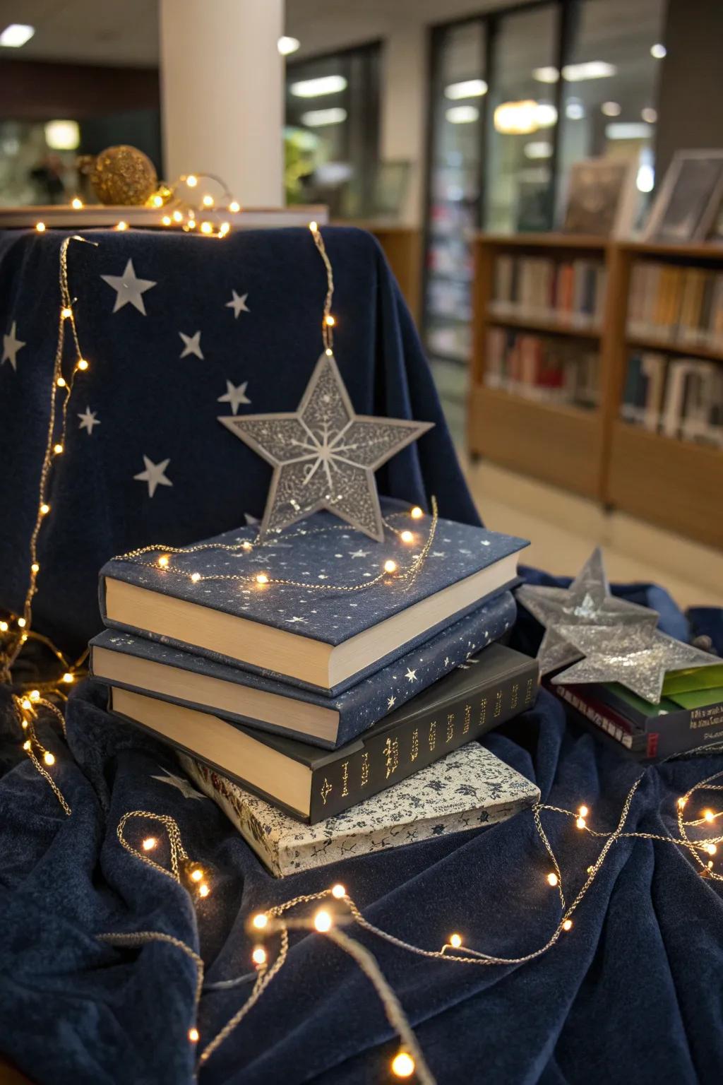 Explore the wonders of the night sky with a celestial-themed book display. 🌟🌌 #Stargazing #CelestialDisplay