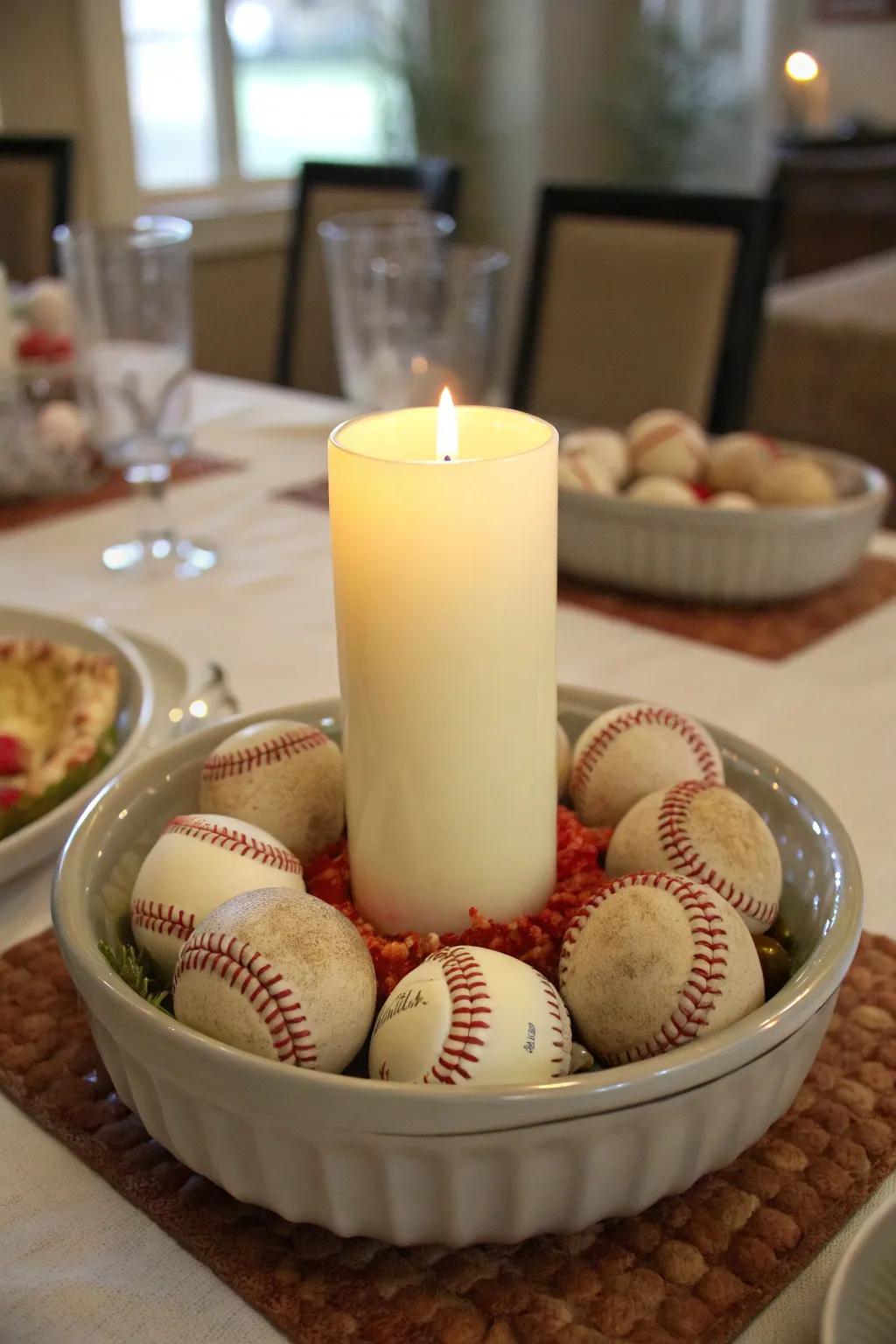 Create a warm ambiance with a glowing candle and baseball centerpiece.