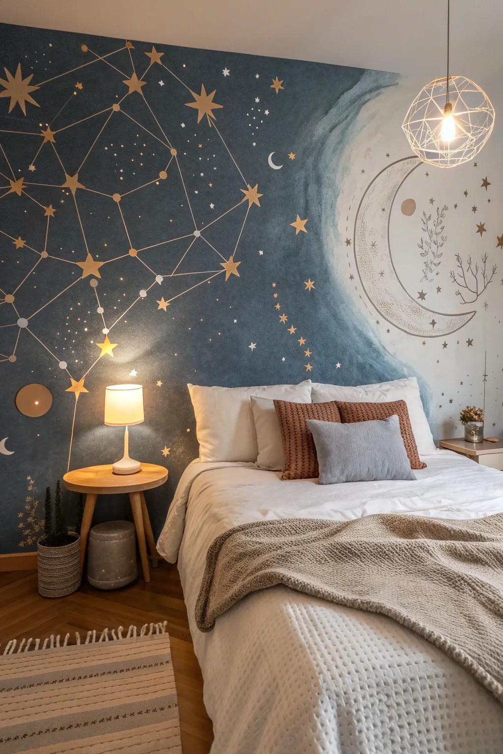 Sleep under the stars every night with a celestial mural that turns your bedroom into a dreamy escape.