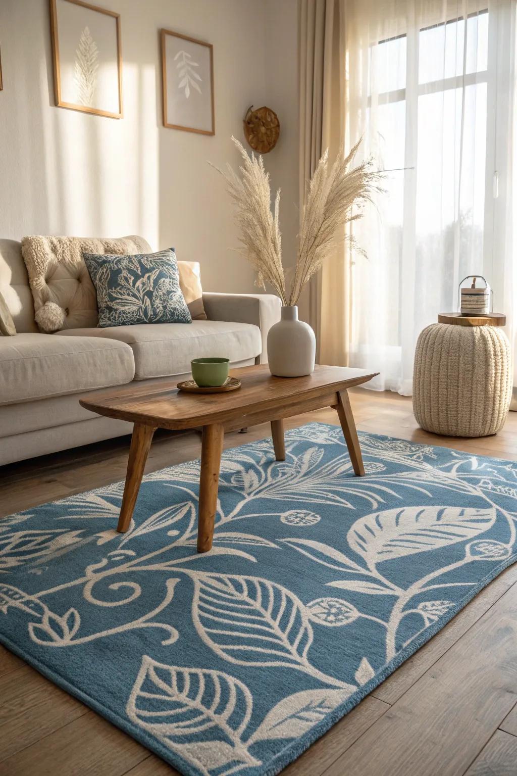 Express your artistic side with an abstract blue rug that becomes a focal conversation piece.
