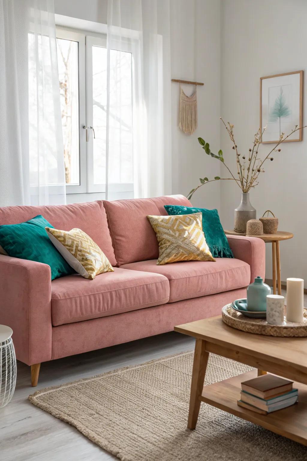 Be bold and beautiful with a blush couch as the centerpiece of an energetic space.