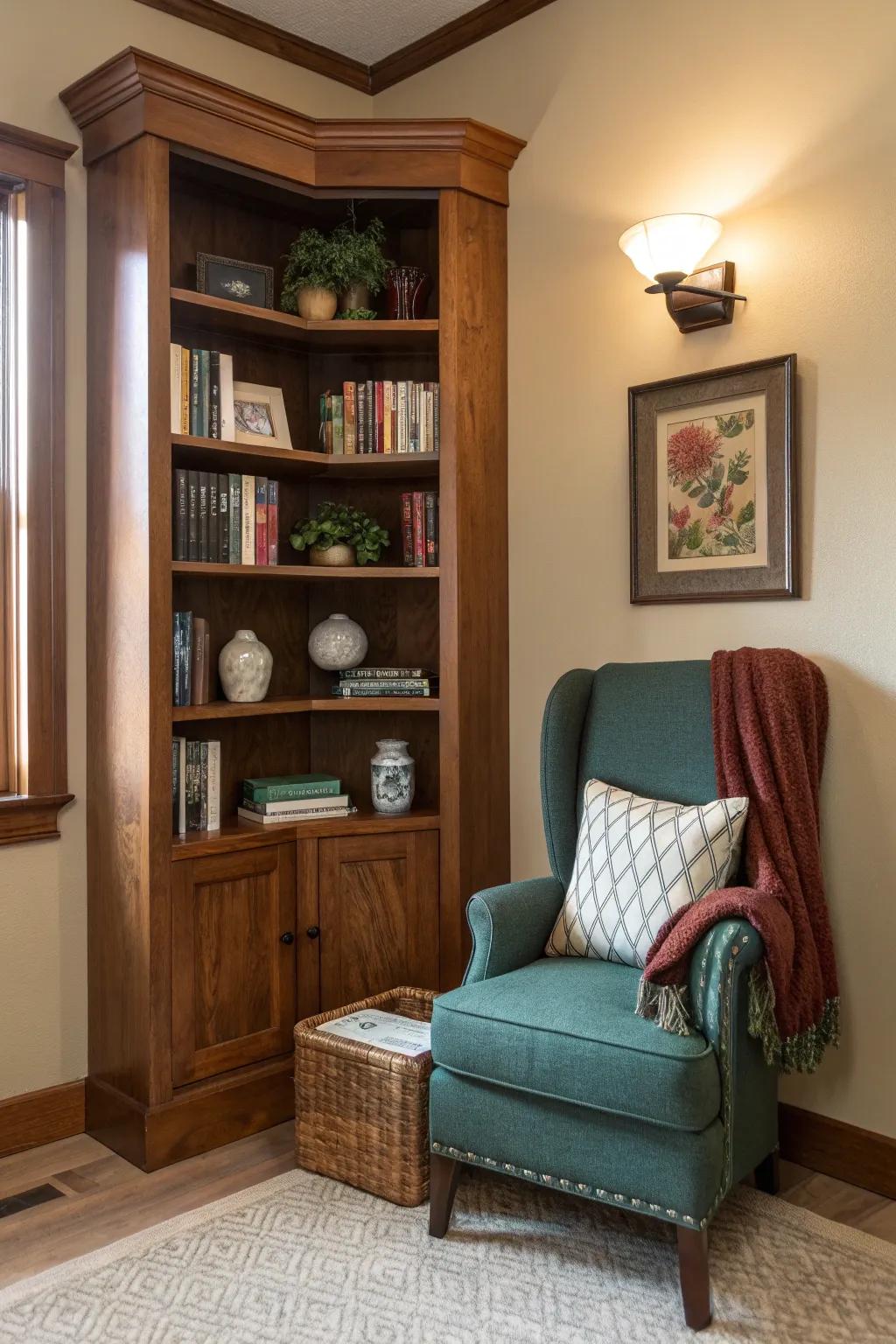 Corner bookcases display your passions, blending form with function. 📖 #BookLovers #CornerBookcase