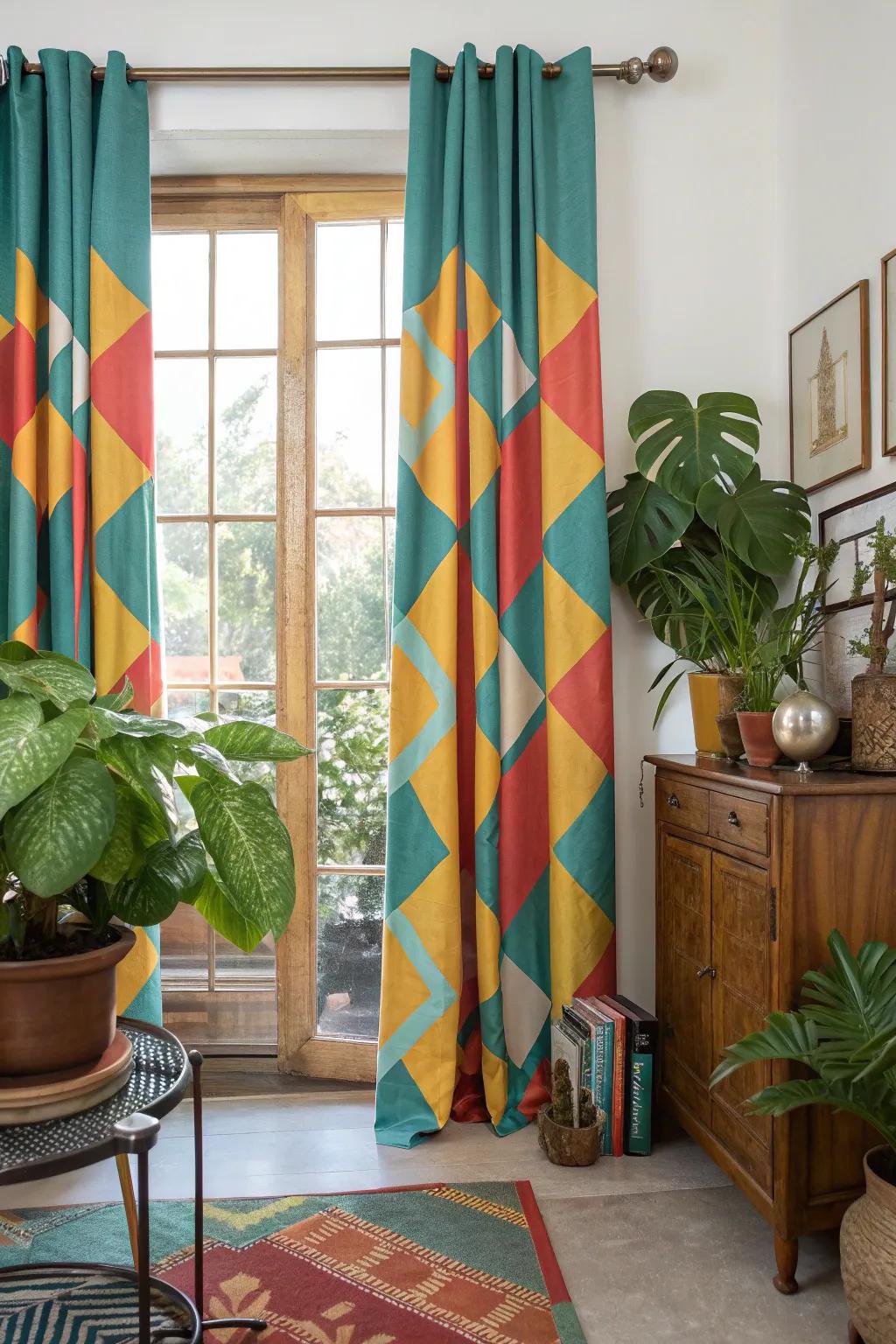 Create a striking focal point with printed drapes that add visual interest and style.