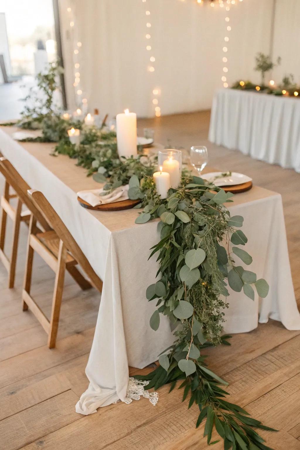Natural foliage runners bring freshness and texture to your table. 🌿 #WeddingTablescape #NaturalDecor #FoliageRunner