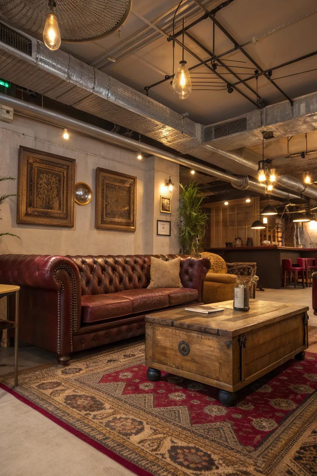 Step back in time with vintage decor that complements the industrial charm of exposed ducts.