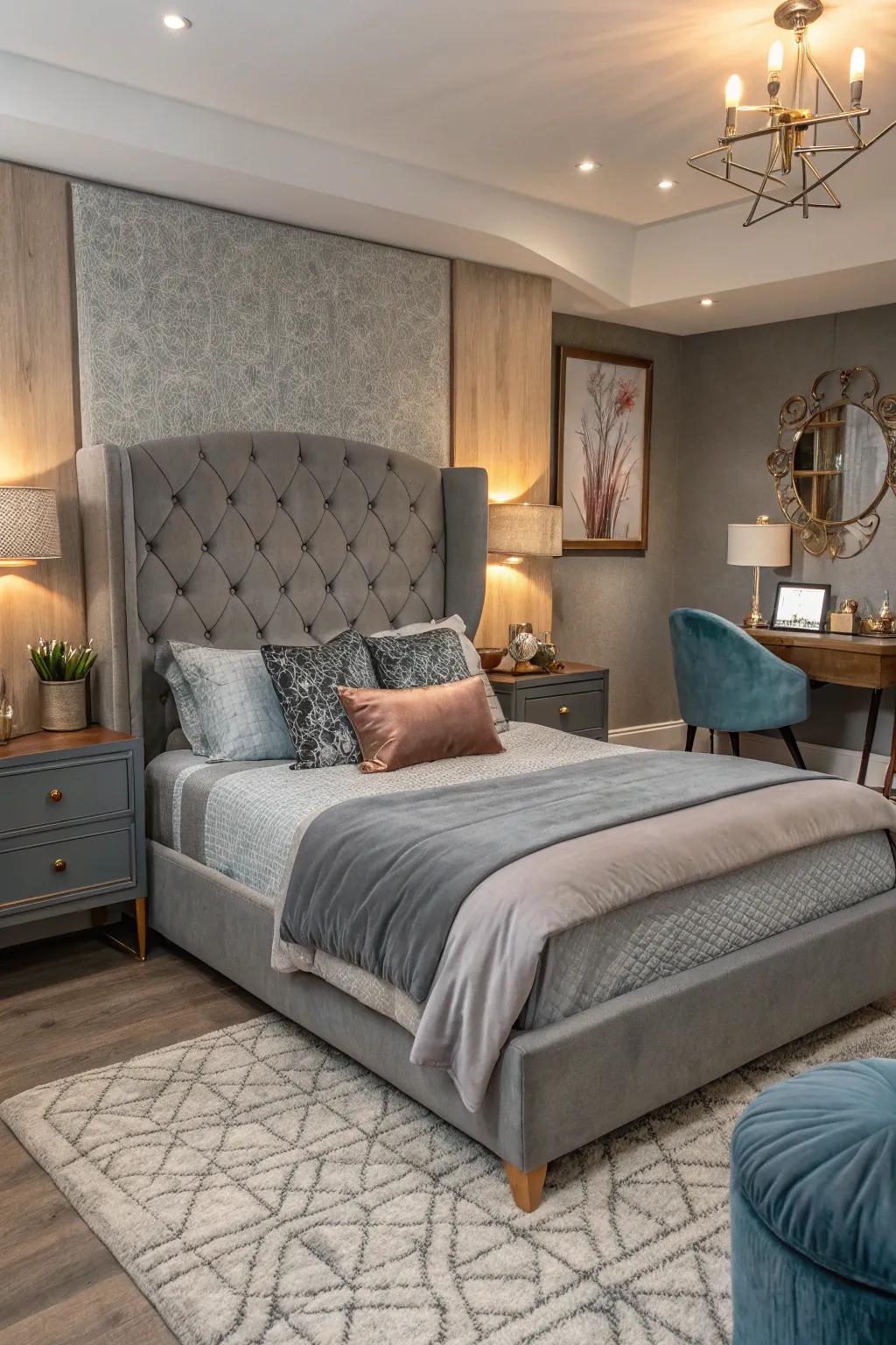 Maximize your grey bedroom's potential by creating a multi-functional retreat. #InteriorDesign #HomeDecor