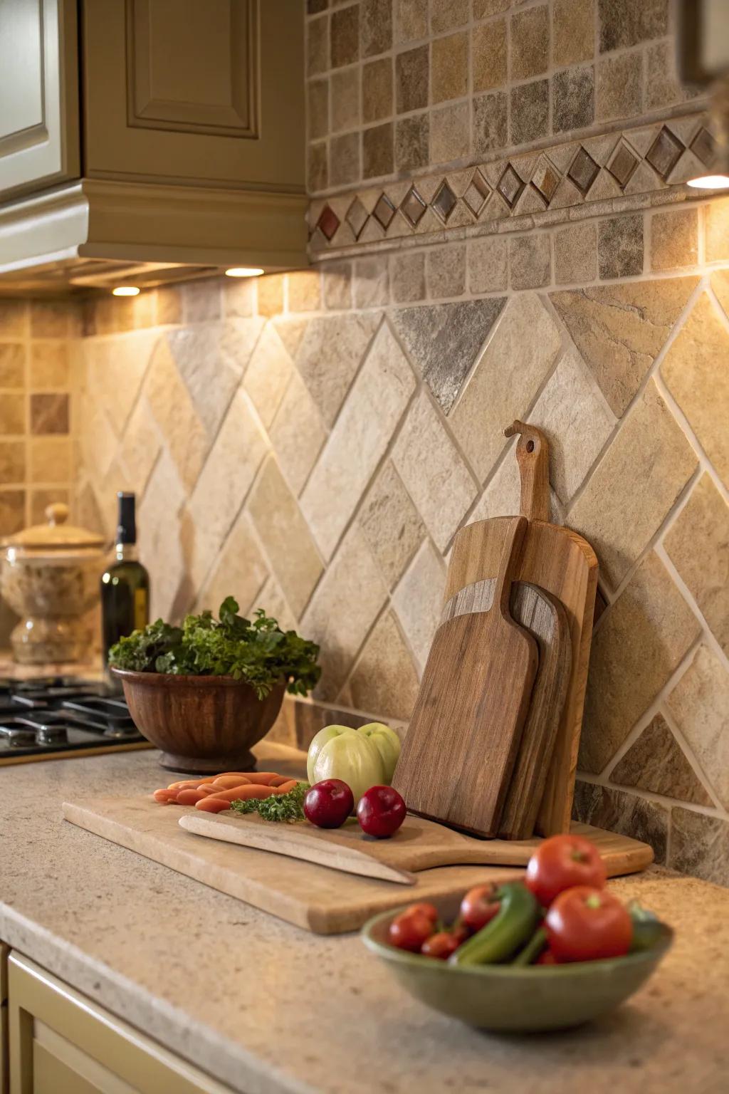 Create a serene and grounding kitchen environment with earthy-toned tiles.