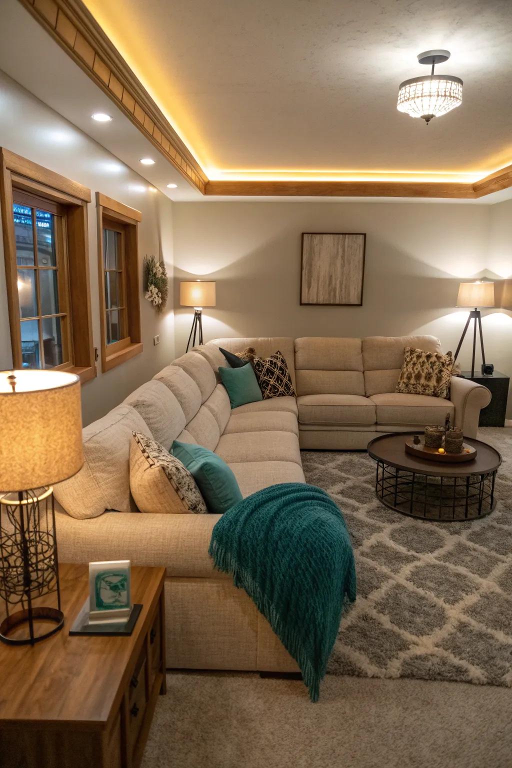 Light up your sectional with layered lighting that adds warmth and depth to your space.