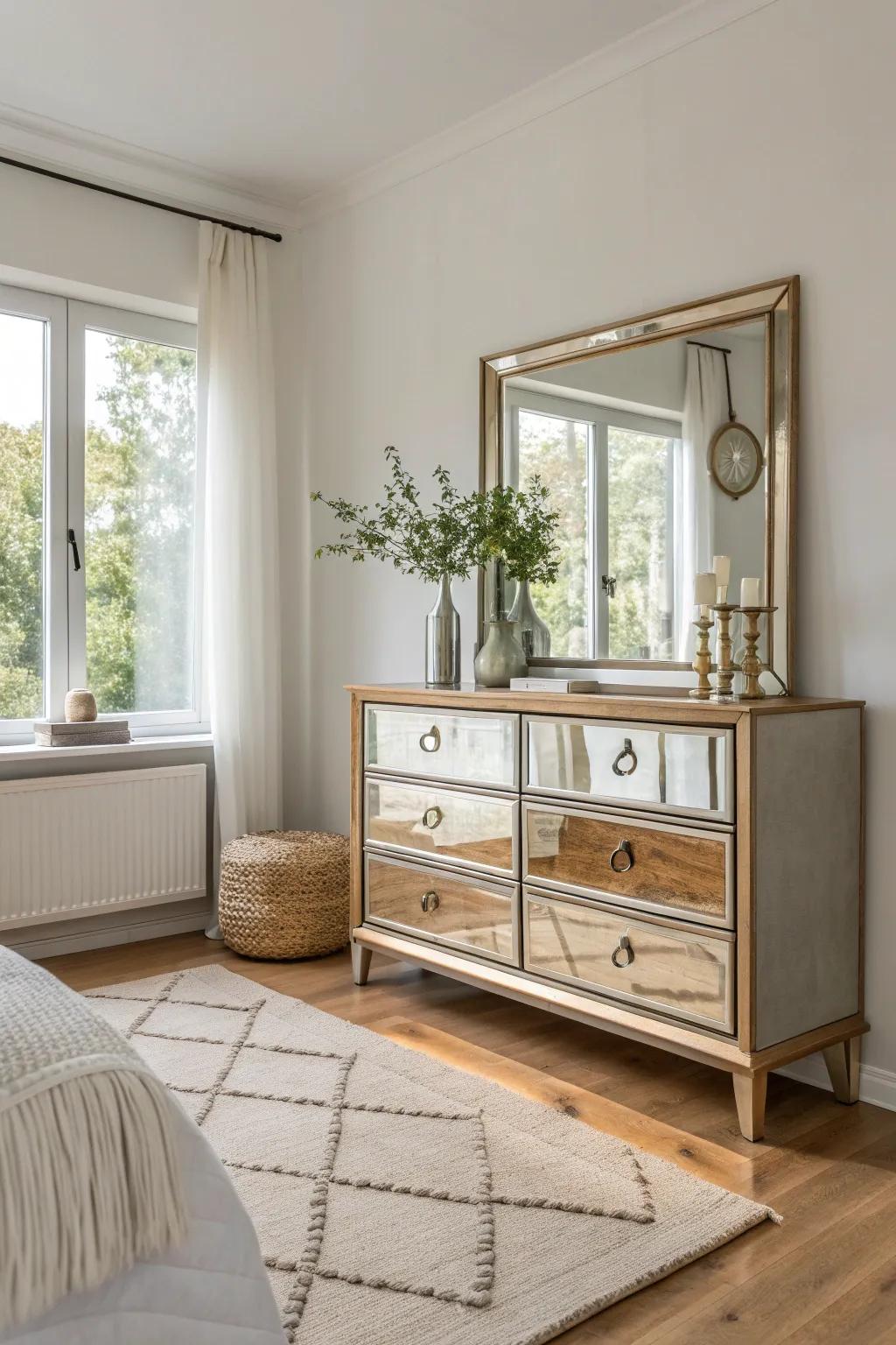 Mixing materials like mirrored, wood, and metal adds depth and contrast for a balanced aesthetic. 🔥 #InteriorMix #BedroomStyle