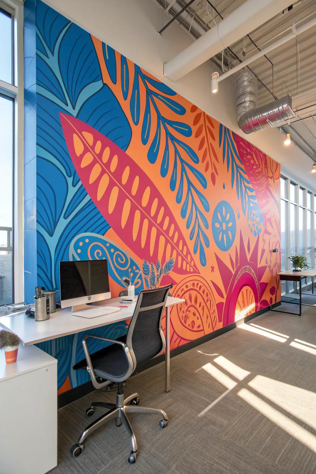 Make a statement with an artistic mural that transforms your office into a canvas of creativity.