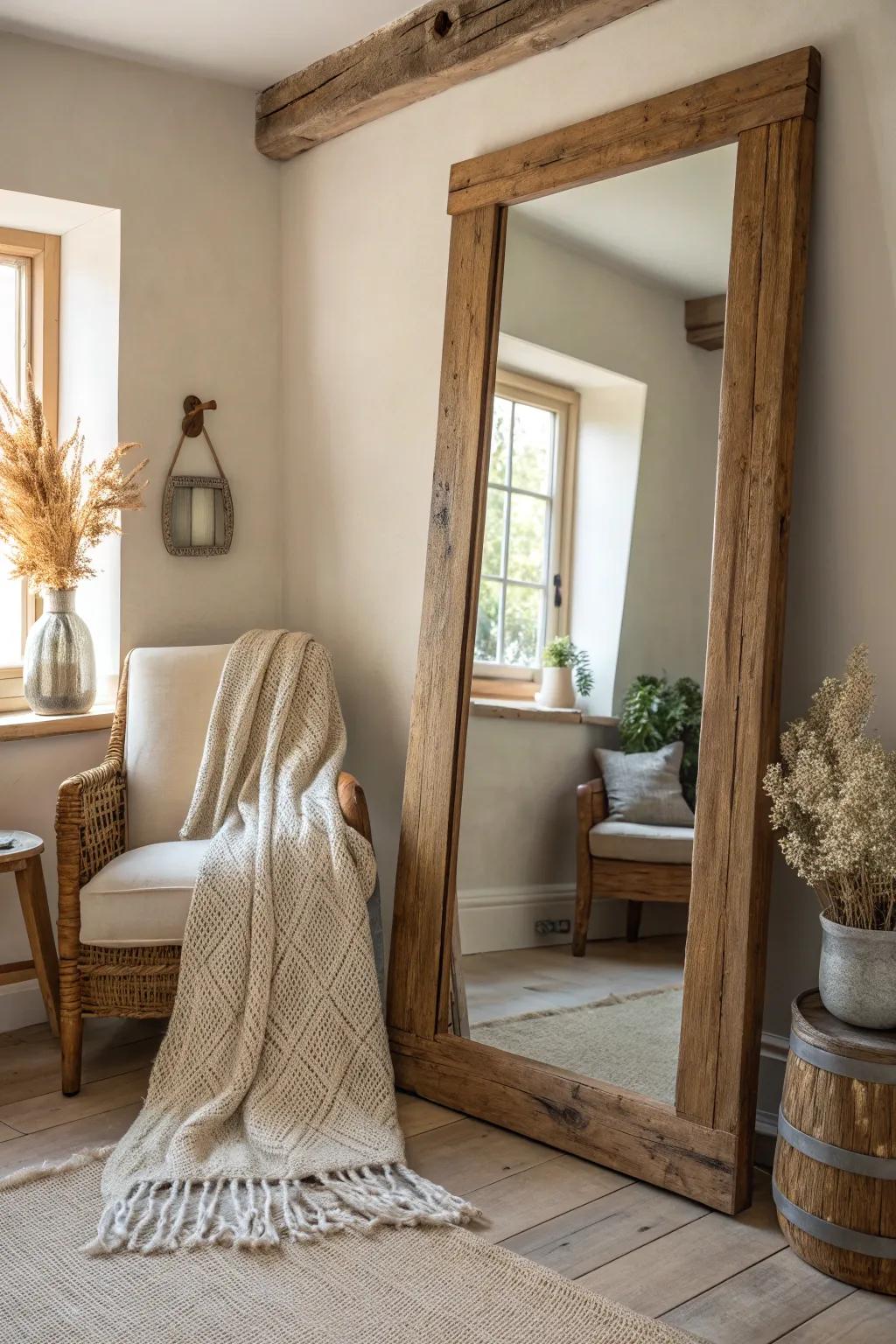 Embrace farmhouse charm with a rustic mirror that feels like home. #FarmhouseDecor #CountryLiving