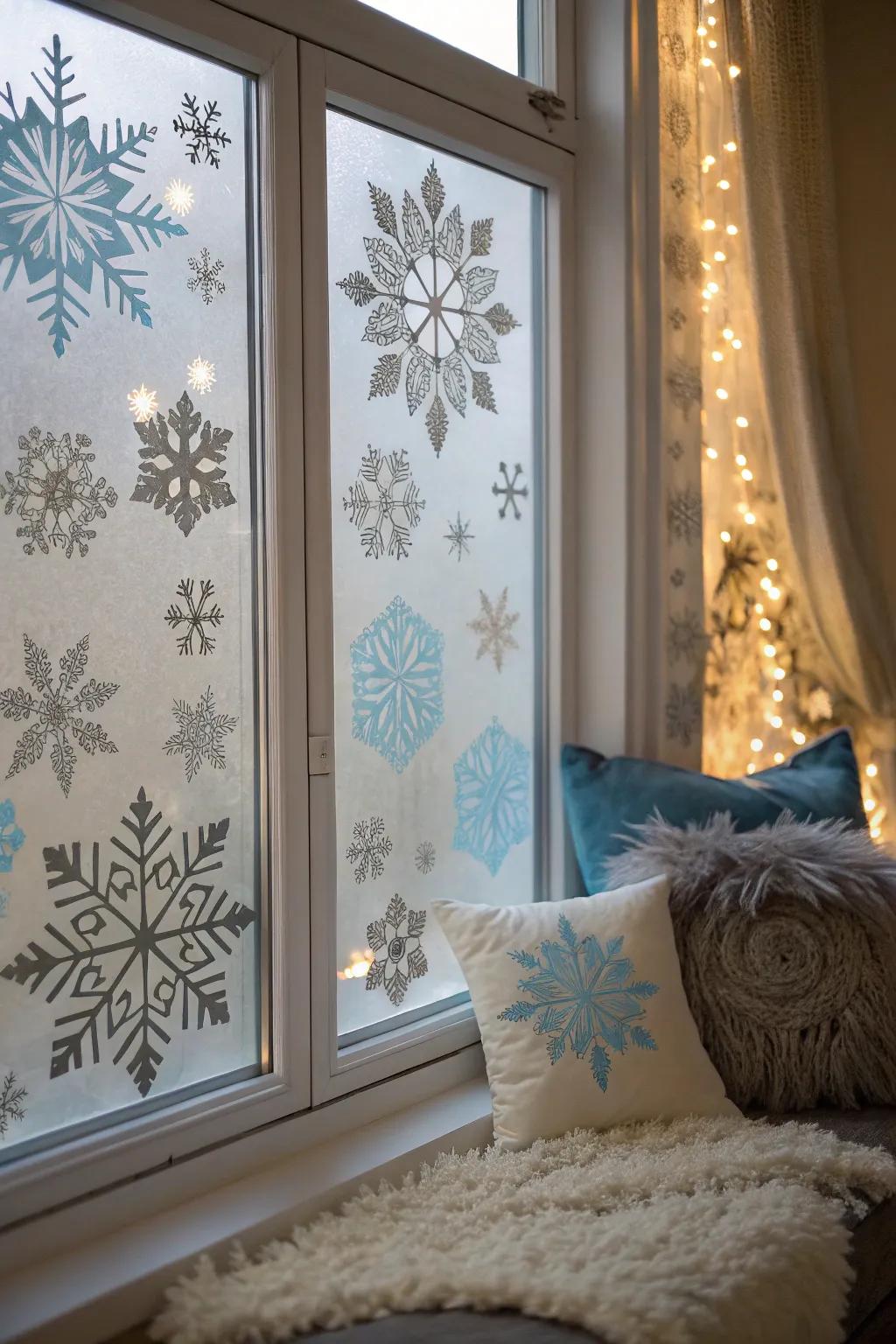 Create a frosty view with snowflake window decals that enchant.