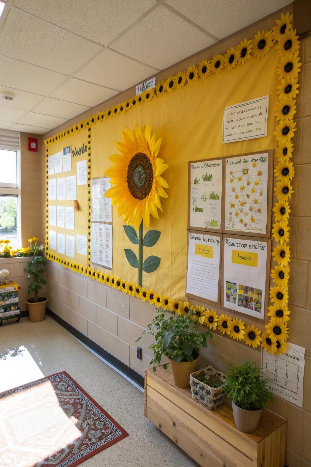 A sunflower-themed classroom corner invites and engages students with cheerful activities.