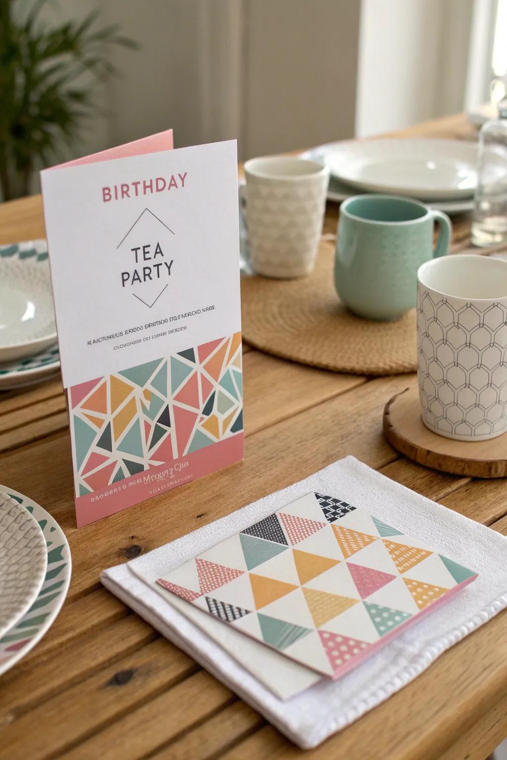 Geometric patterns add a contemporary edge to your tea party invitations.