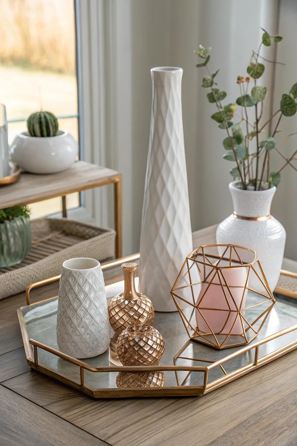 Shine bright with a metallic tray that brings a modern edge to your decor. ✨ #MetallicDecor #ModernStyle #TrayInspiration